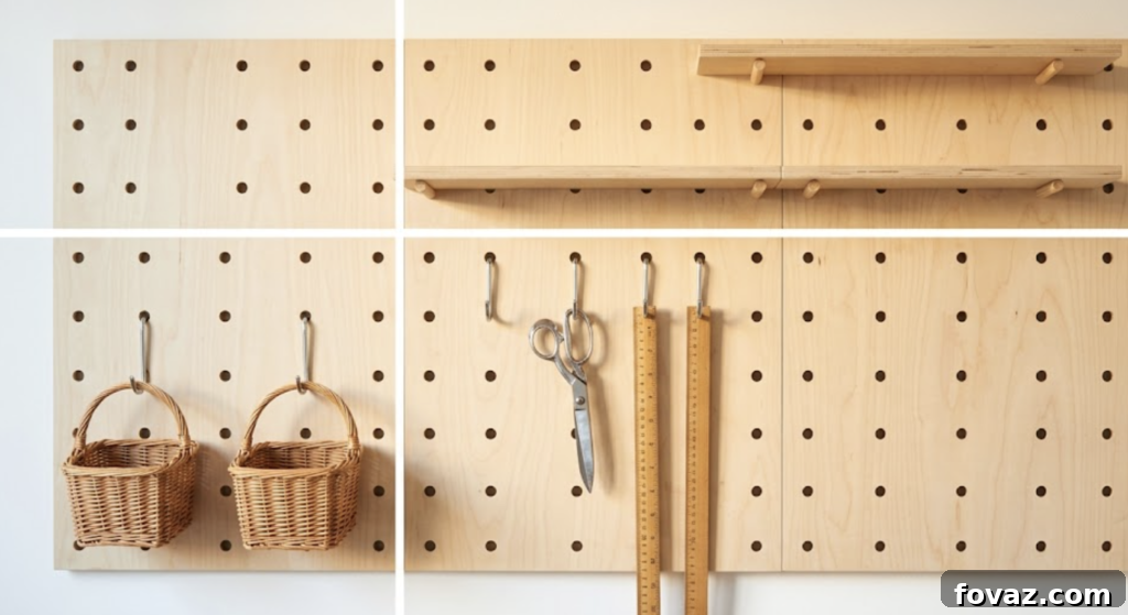 Organized craft room pegboard showing different zones