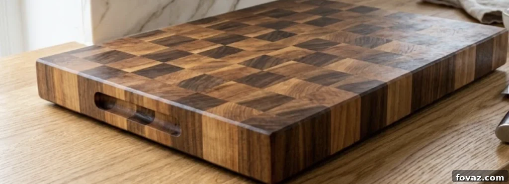 A beautifully crafted end-grain cutting board, showcasing durability and elegant wood patterns.