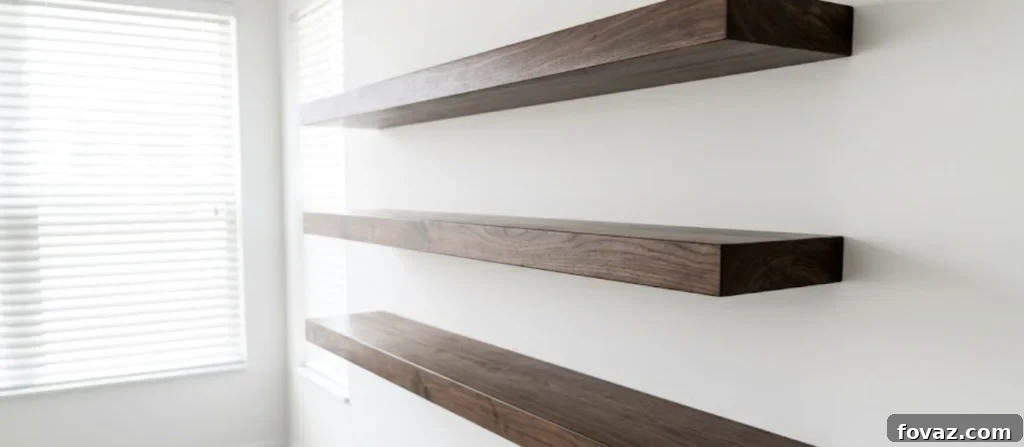 Elegant wooden floating shelves mounted on a wall, showcasing minimalist design and practical storage.