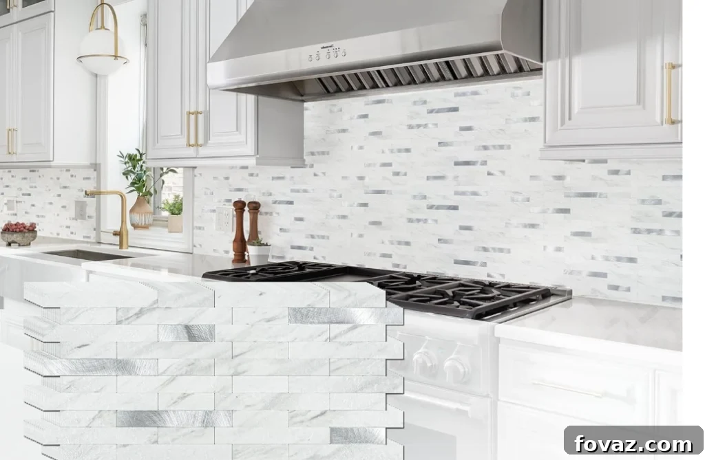 Top Peel-and-Stick Backsplash Tiles for Kitchen Remodeling 8 marble with silver inlay peel and stick