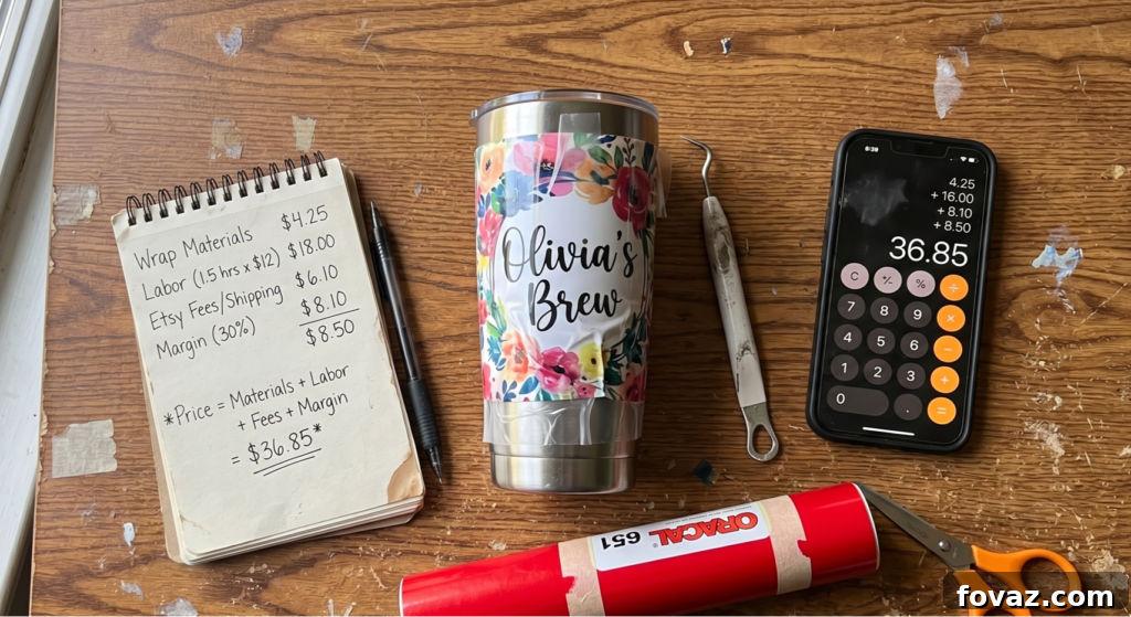 How to Price Your Cricut Orders to Make Real Profit 2 Cricut pricing formula written by hand in a spiral notebook next to a personalized floral tumbler, Oracal 651 vinyl roll, weeding tool, scissors, and an iPhone calculator showing $36.85.