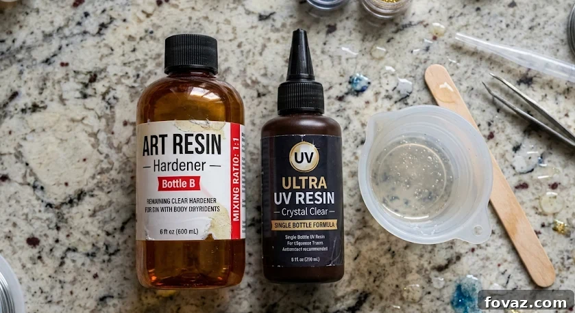 Cloudy resin jewelry fix starts with knowing your product: epoxy hardener with a 1:1 mixing ratio on the left, single-bottle UV resin on the right, both on a granite craft surface with mixing tools nearby.