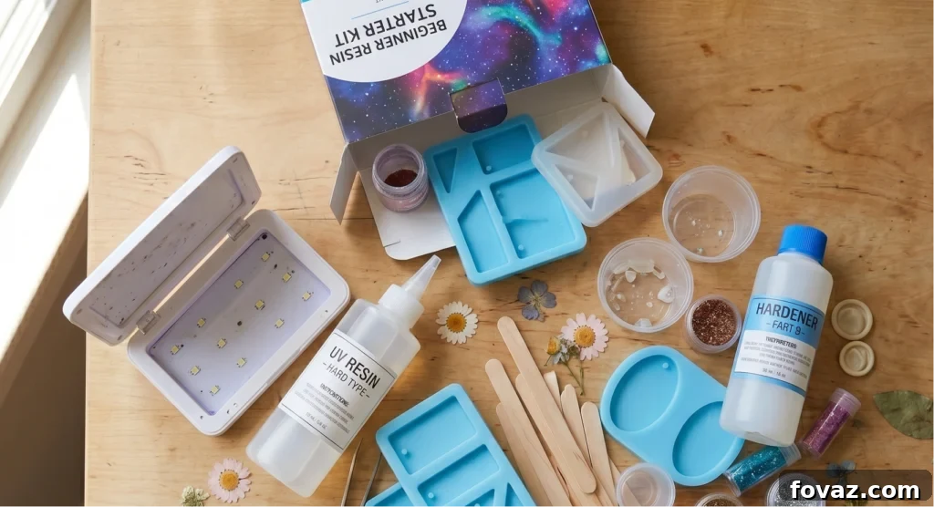 A beginner resin starter kit unboxed on a wooden table showing both UV resin vs epoxy resin components: a UV lamp, resin bottle, hardener bottle, blue silicone molds, wooden stir sticks, glitter pigments, and mixing cups, shot from above in natural window light.