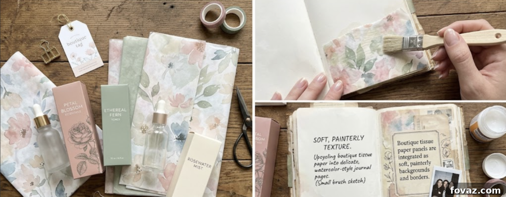 9 Creative Ideas to Turn Pretty Packaging into Paper Crafts 4 Tissue paper used as a painted background in a journal