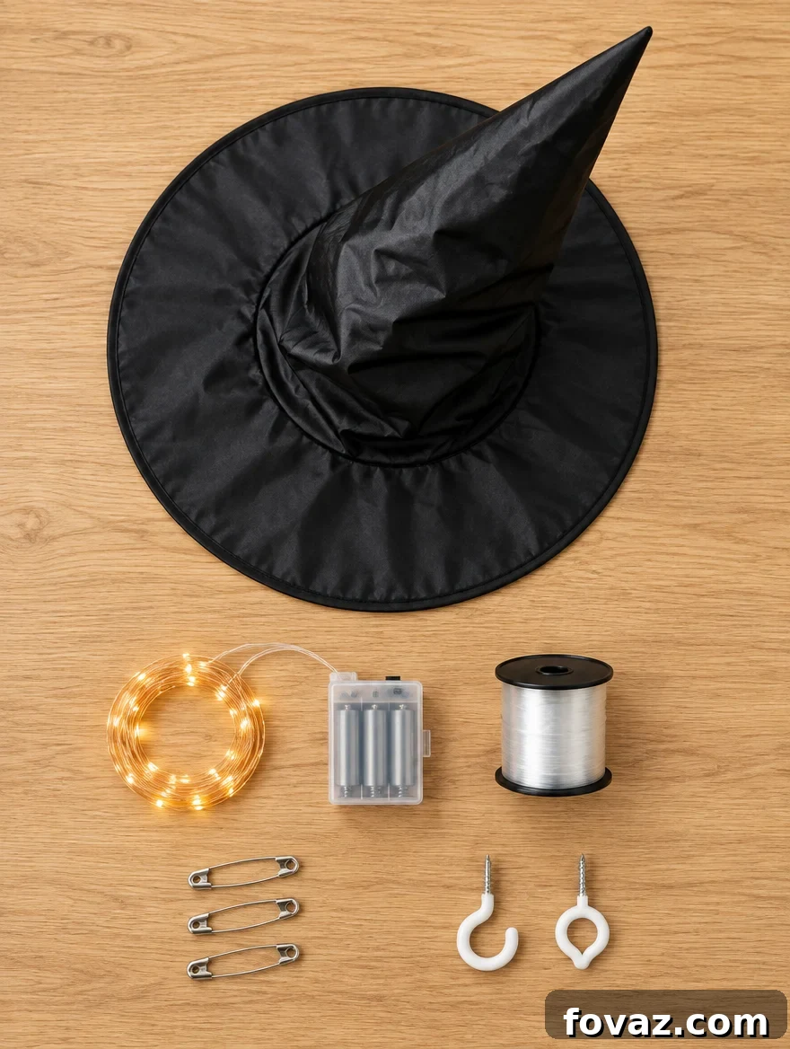 Floating witch hat lights supplies: black witch hat, battery fairy lights, clear fishing line, safety pins, and ceiling hooks
