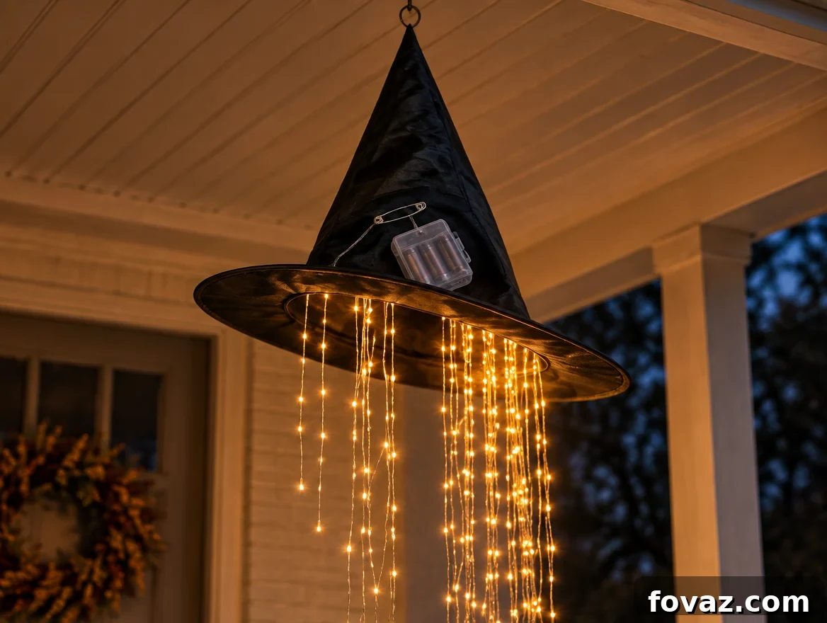 Witch hat hanging crooked with its battery box pinned to one side of the cone