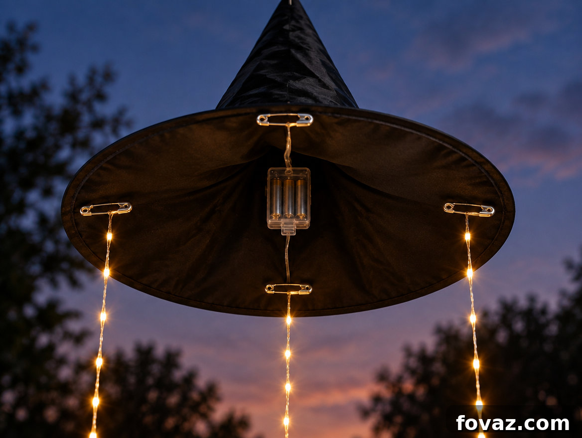 Fairy light strands pinned evenly under a witch hat brim