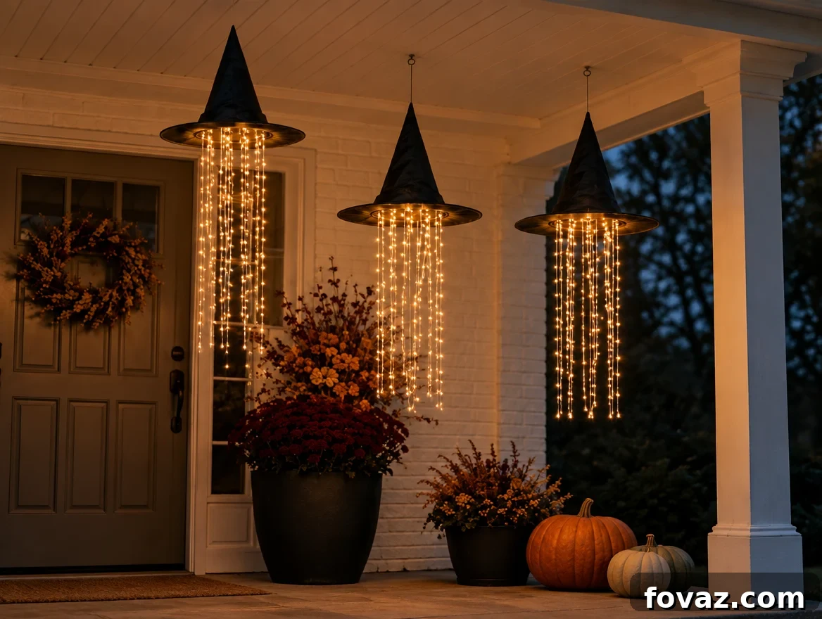 Witch hats hanging from hooks set into a porch ceiling