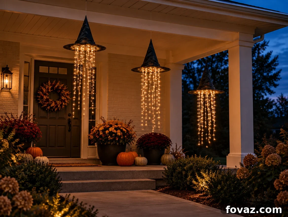 Three lit witch hats hung at staggered heights on a porch