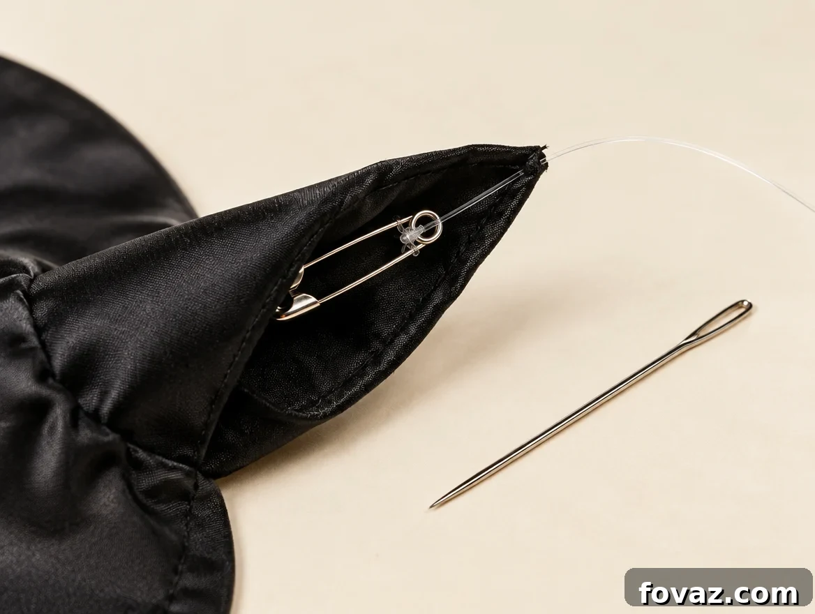 Fishing line coming out the point of a black witch hat with a safety pin knotted inside