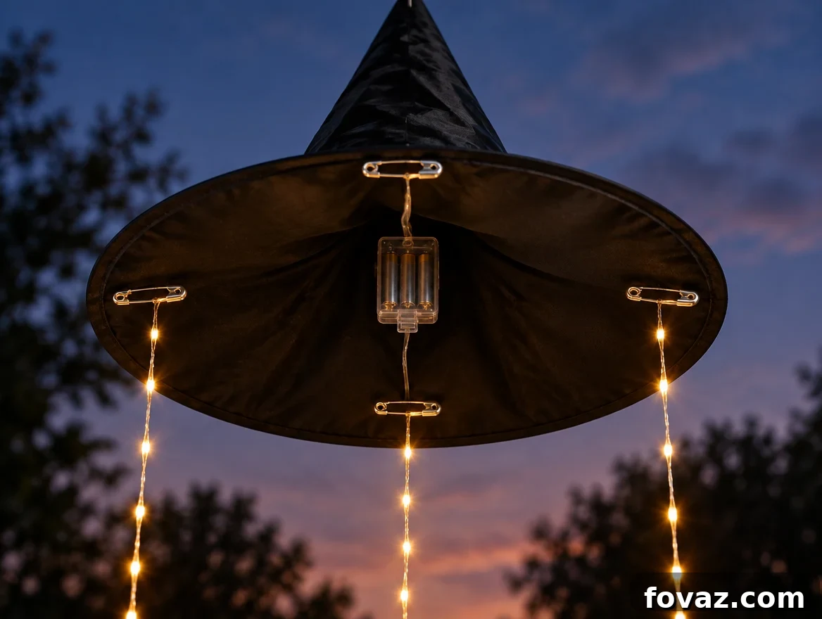 Underside of a witch hat brim with fairy light strands held by evenly spaced safety pins