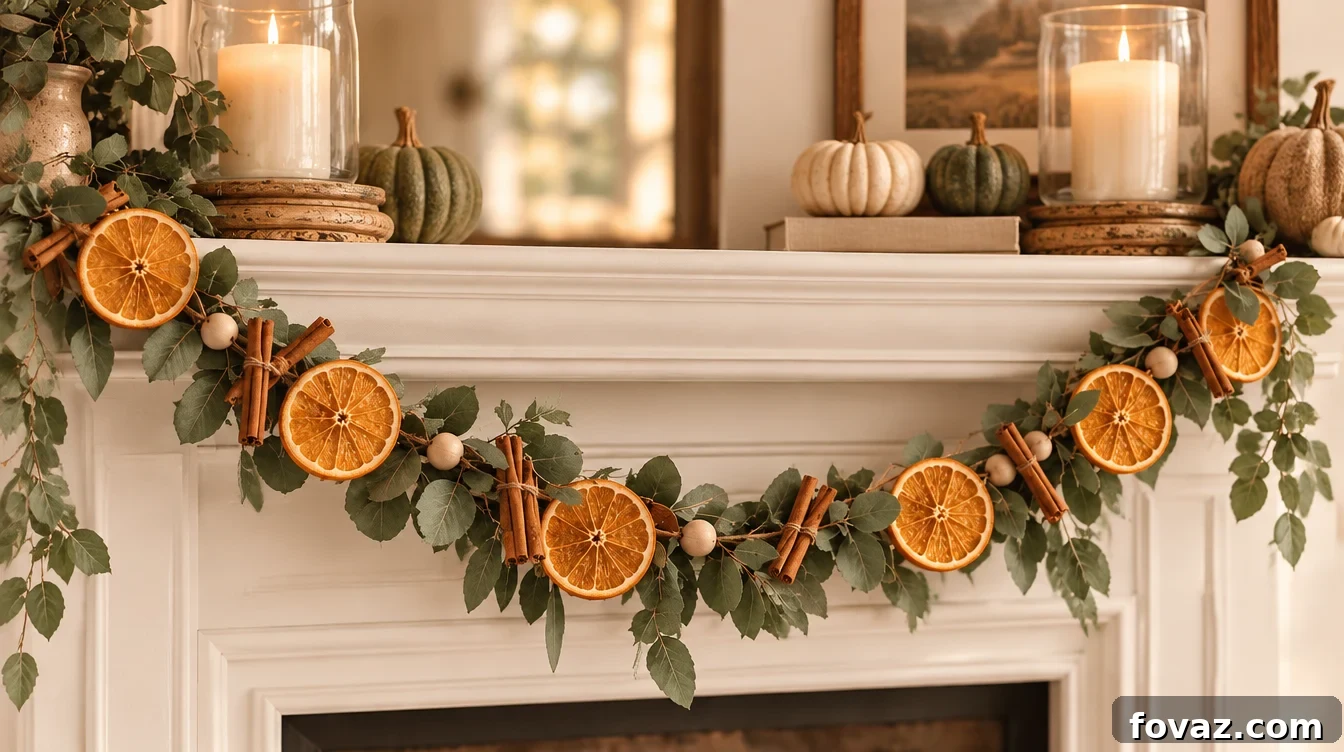 How to Make a Dried Orange Garland and Attach the Slices 2 Dried orange garland draped across a white mantel with lit candles and pumpkins, hero shot