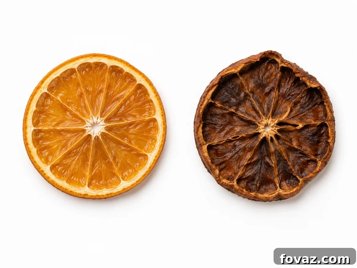 How to Make a Dried Orange Garland and Attach the Slices 4 Side by side comparison of a correctly dried amber orange slice and an overdried brown orange slice