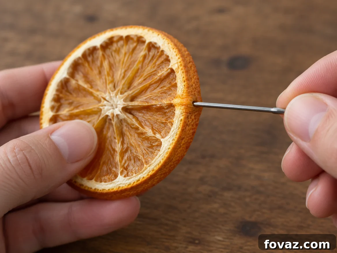 How to Make a Dried Orange Garland and Attach the Slices 6 Blunt needle piercing the thick peel band of a dried orange slice near the rim