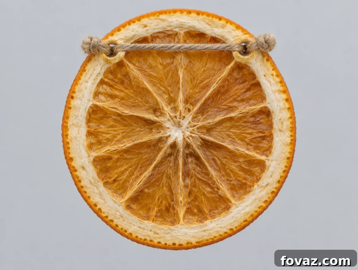 How to Make a Dried Orange Garland and Attach the Slices 7 Back of a dried orange slice showing twine threaded through two holes in the peel band