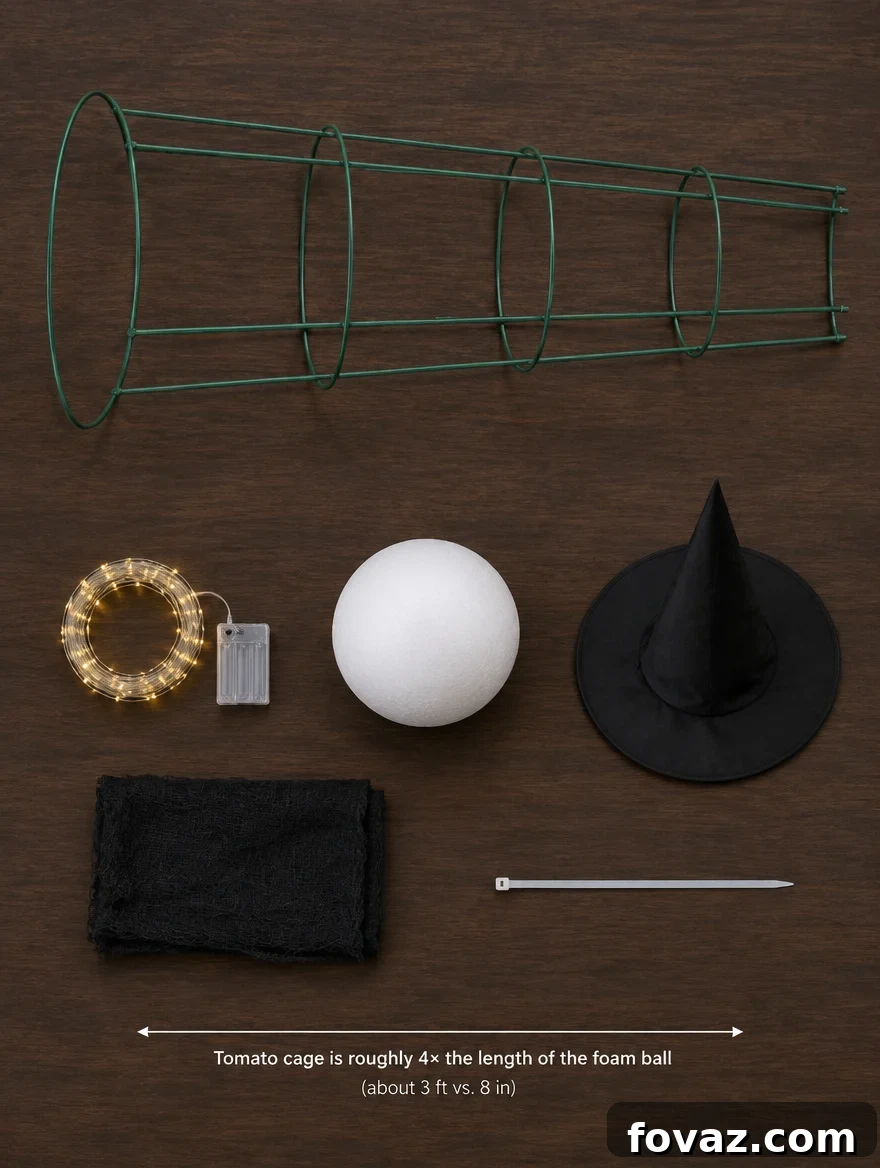 DIY Glowing Tomato Cage Witch: 4-Step Halloween Decor 2 Tomato cage witch supplies flat lay: wire tomato cage, fairy lights, foam ball, witch hat, black cheesecloth, zip tie