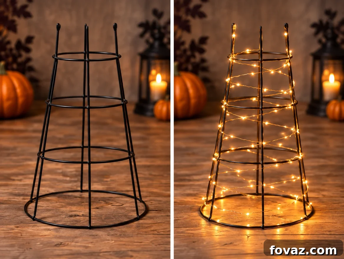 DIY Glowing Tomato Cage Witch: 4-Step Halloween Decor 4 Black wire tomato cage wrapped evenly in battery fairy lights before the cheesecloth is added