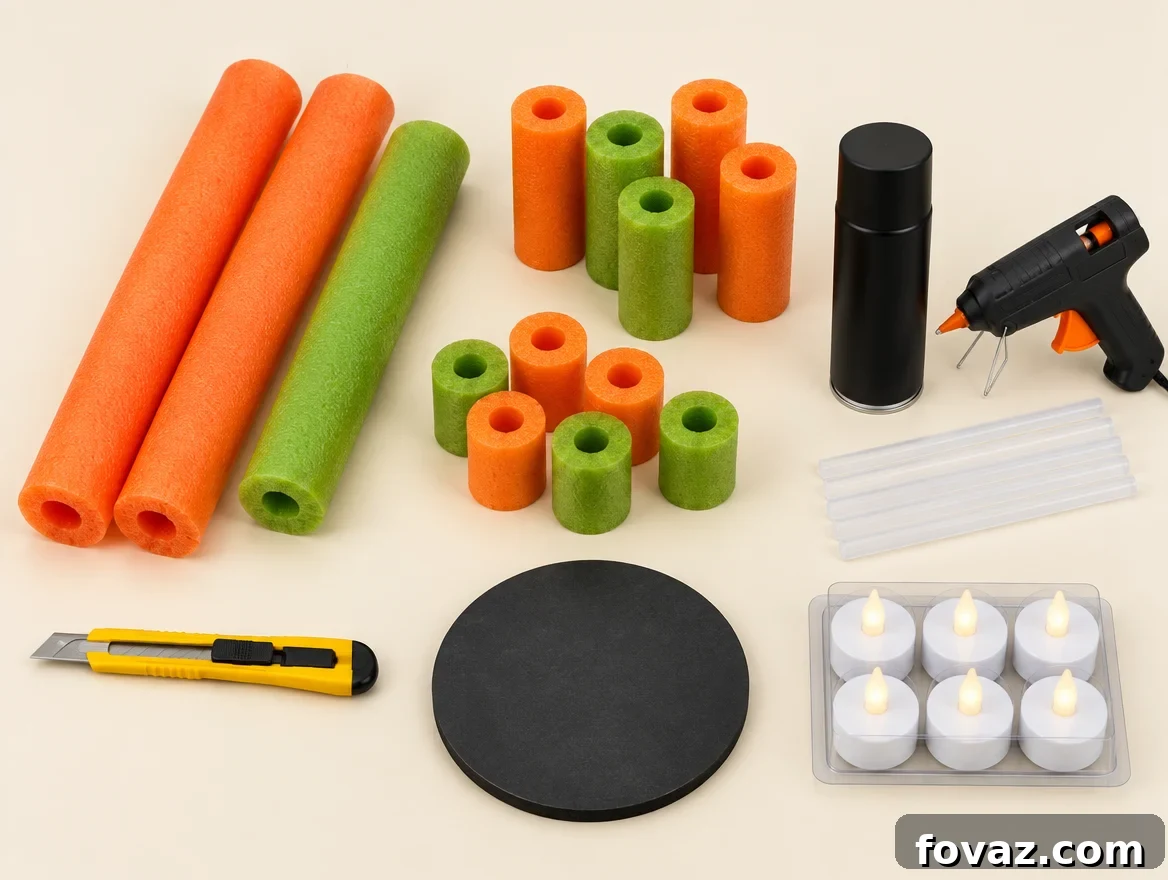 DIY Pool Noodle Halloween Candles: 6-Step Tutorial 2 Supplies for pool noodle Halloween candles: orange and green pool noodles cut into pieces, utility knife, hot glue gun, black spray paint, and battery tea lights