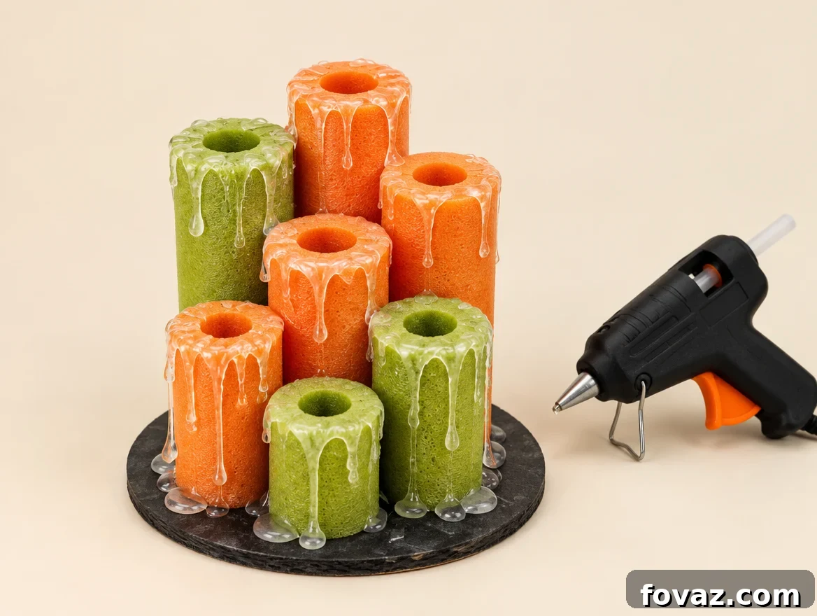 DIY Pool Noodle Halloween Candles: 6-Step Tutorial 4 Uneven hot glue drips running down orange and green pool noodle candle pieces to mimic melted wax, glue gun resting beside them