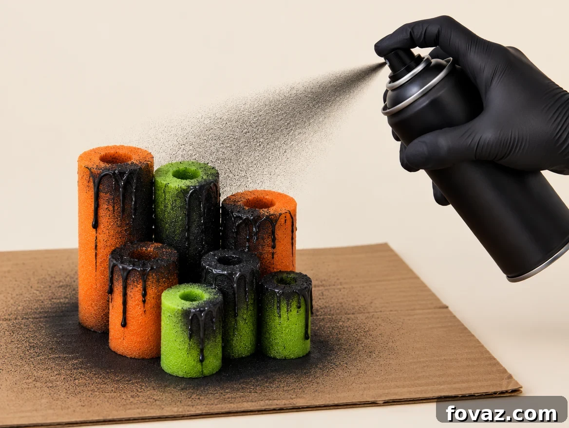 DIY Pool Noodle Halloween Candles: 6-Step Tutorial 5 A gloved hand holding a can of matte black spray paint and coating pool noodle candles in light passes