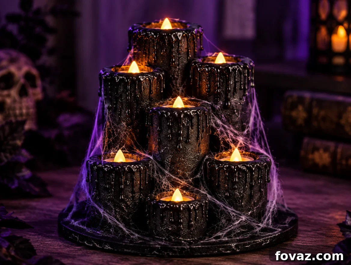 DIY Pool Noodle Halloween Candles: 6-Step Tutorial 6 Close-up of a finished black pool noodle candle cluster glowing from battery tea lights with cobwebs draped over the tops